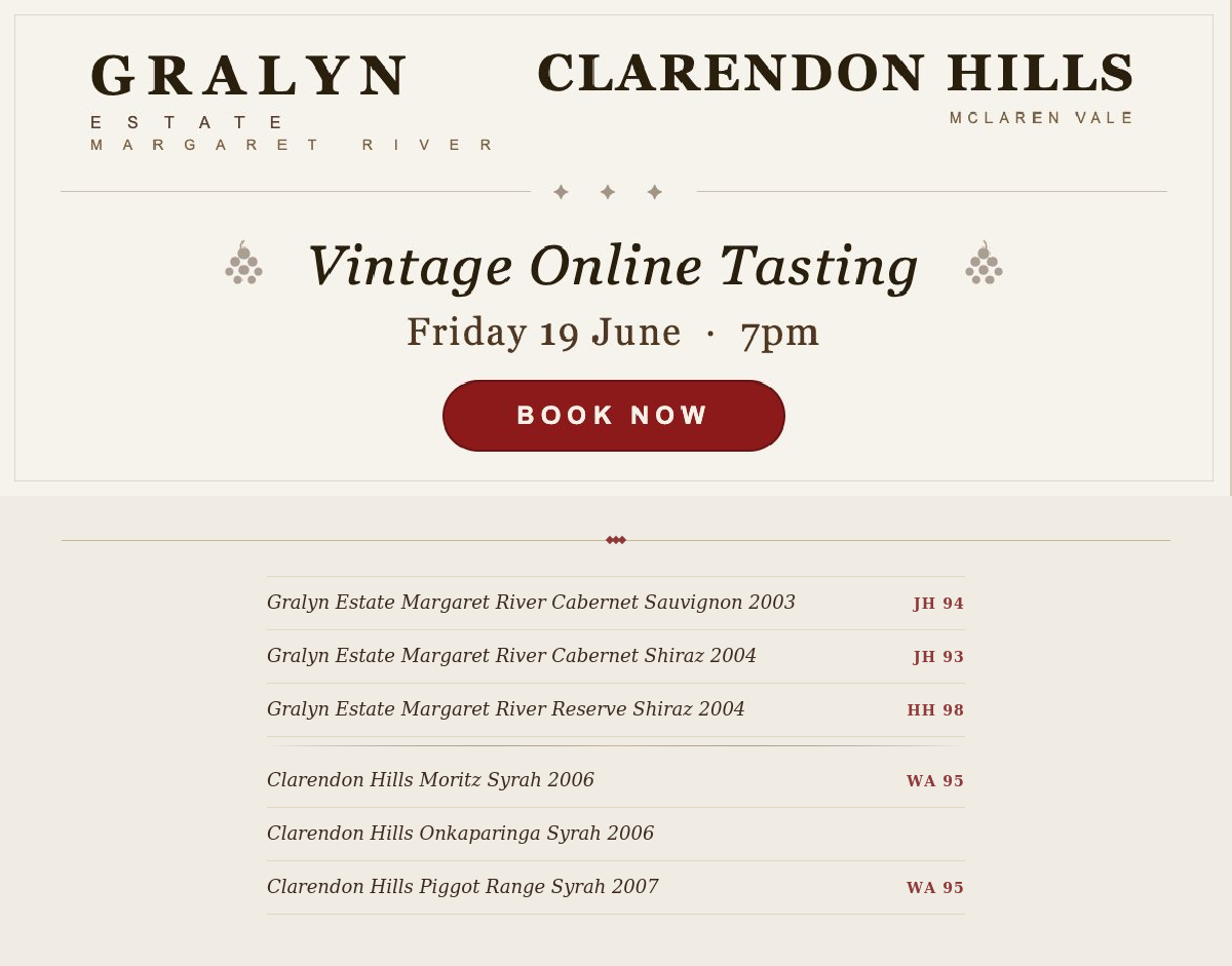 (image for) Vintage Gralyn and Clarendon Hills Online Tasting - Fri 12th June @ 7pm on Zoom